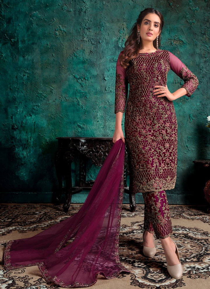 Wine Net Suit - Buy Designer Fancy Pakistani Style Suit