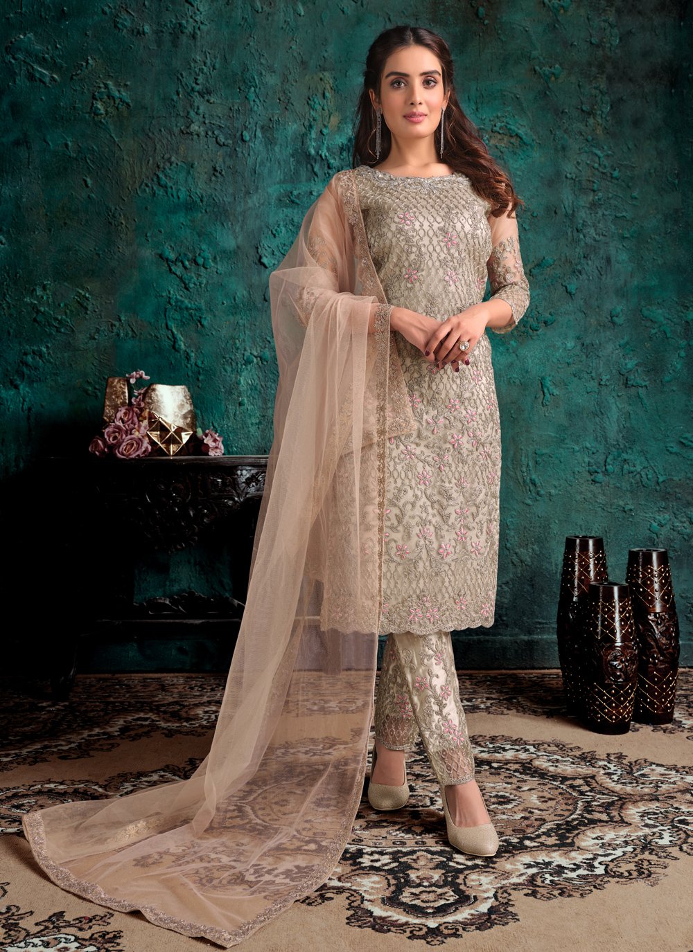 Attractive Beige Net Suit - Buy Designer Fancy Pakistani Style Suit