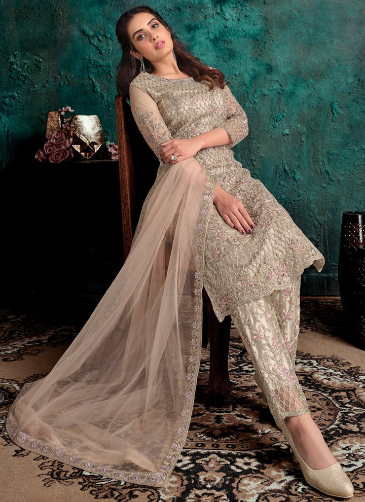 Attractive Beige Net Designer Fancy Pakistani Style Suit