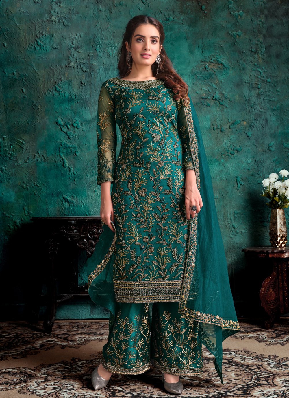 Teal Green Net Suit - Buy Designer Fancy Pakistani Style Suit