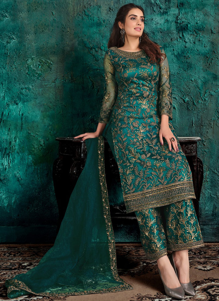 Teal Green Net Designer Fancy Pakistani Style Suit