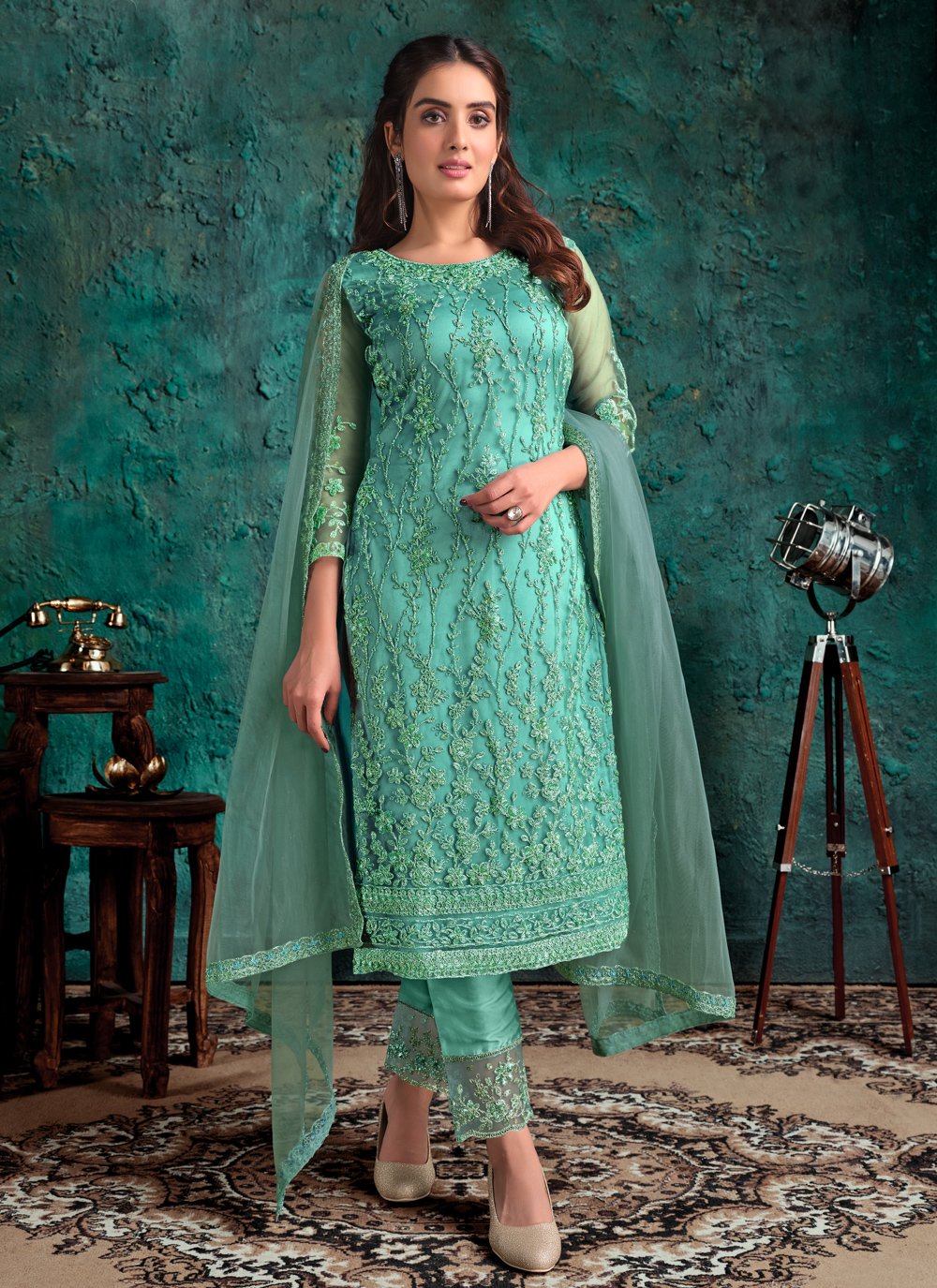 Aqua Blue Net Suit - Buy Designer Fancy Pakistani Style Suit