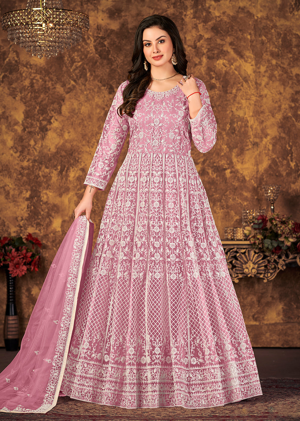 Anarkali Dress Long One Piece Dress Online Alluring Pink Cording Embroidered Wedding Anarkali Dress Anarkali Dress Long One Piece Dress Online Alluring Pink Cording Embroidered Wedding Anarkali Dress