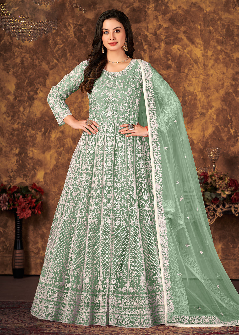 Buy Now Tempting Sea Green Cording Embroidered Wedding Anarkali Dress Online in Canada at Empress Clothing. 
