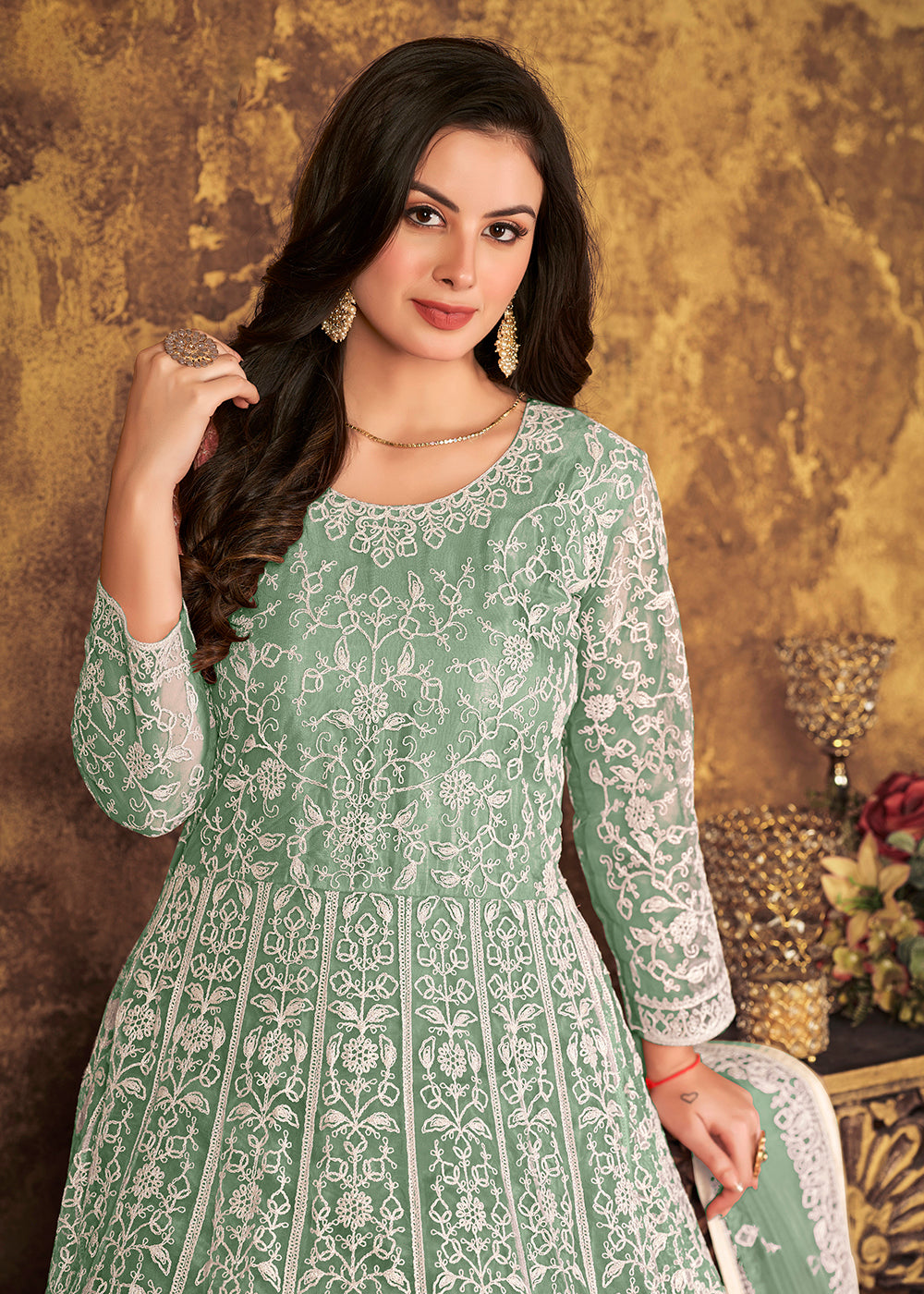 Buy Now Tempting Sea Green Cording Embroidered Wedding Anarkali Dress Online in Canada at Empress Clothing. 