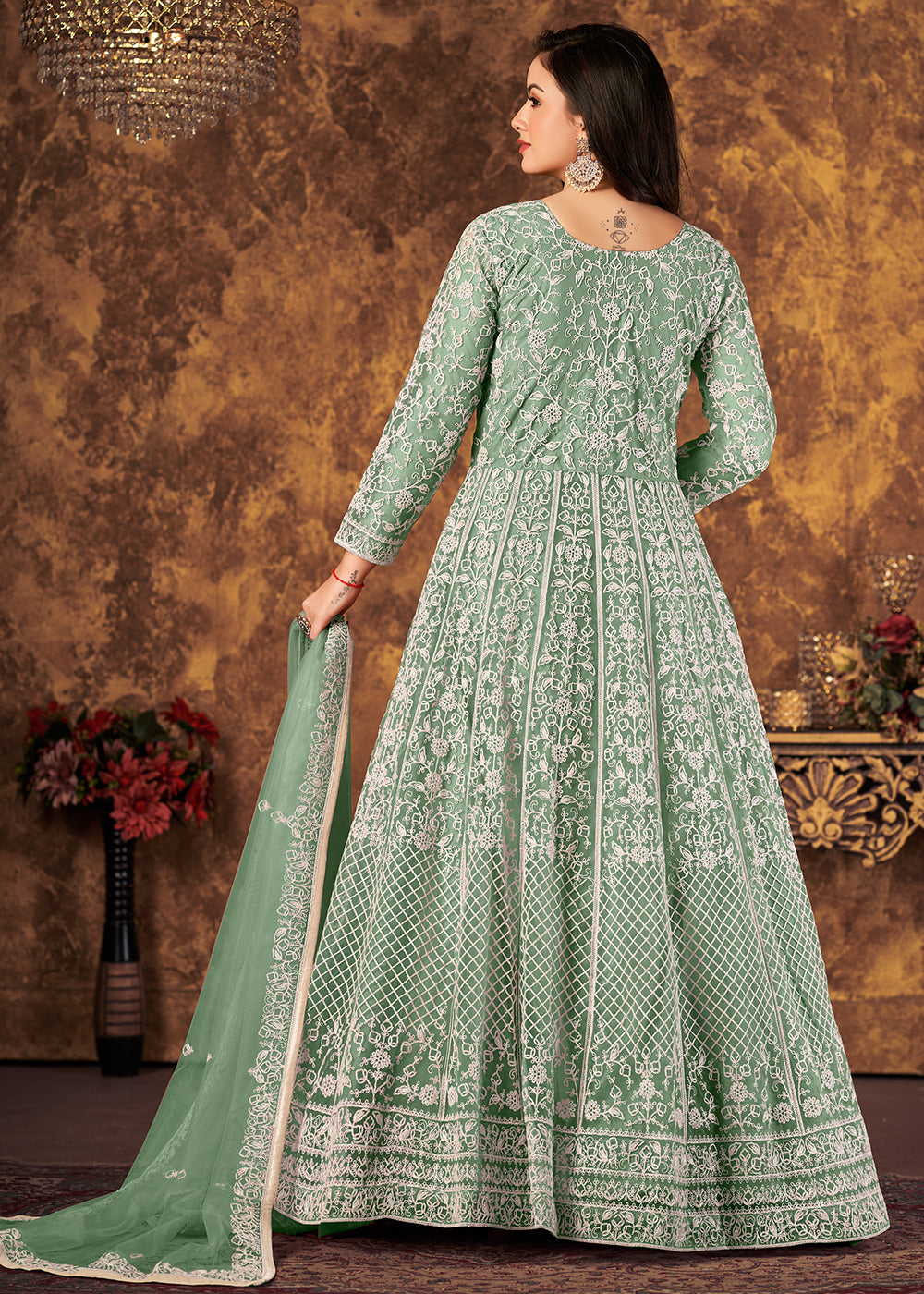 Tempting Sea Green Cording Embroidered Wedding Anarkali Dress Tempting Sea Green Cording Embroidered Wedding Anarkali Dress