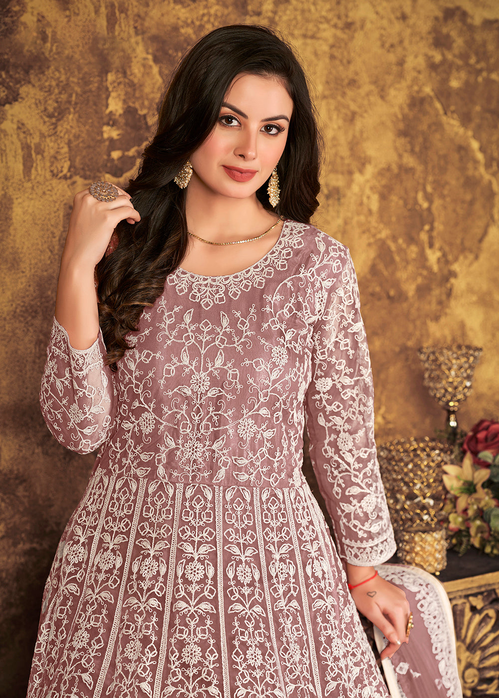 Buy Now Charming Mauve Cording Embroidered Wedding Anarkali Dress Online in Canada at Empress Clothing.