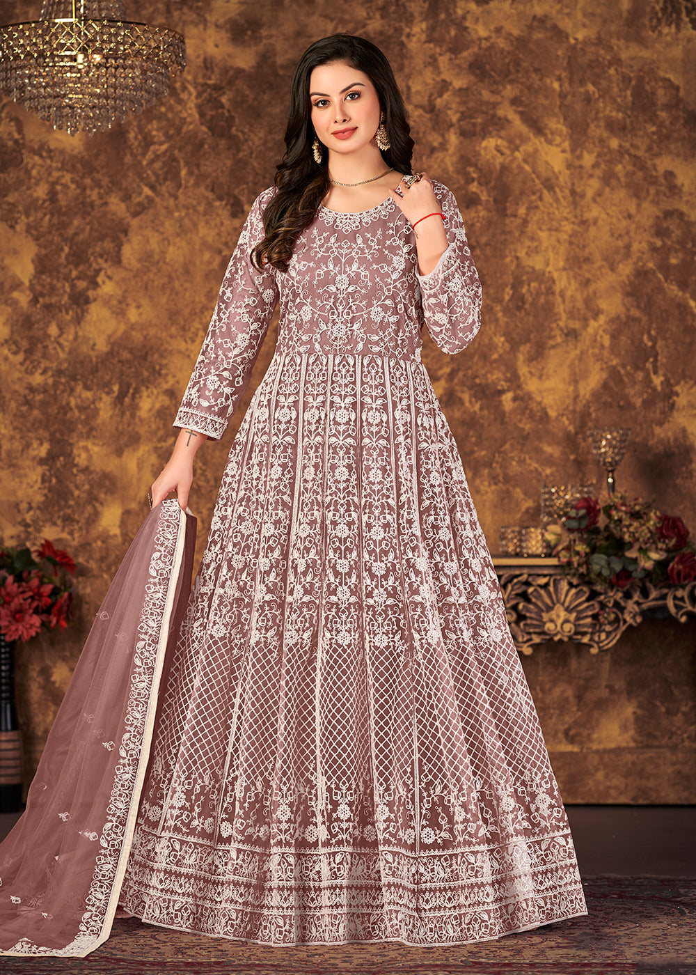 Charming Mauve Cording Embroidered Wedding Anarkali Dress