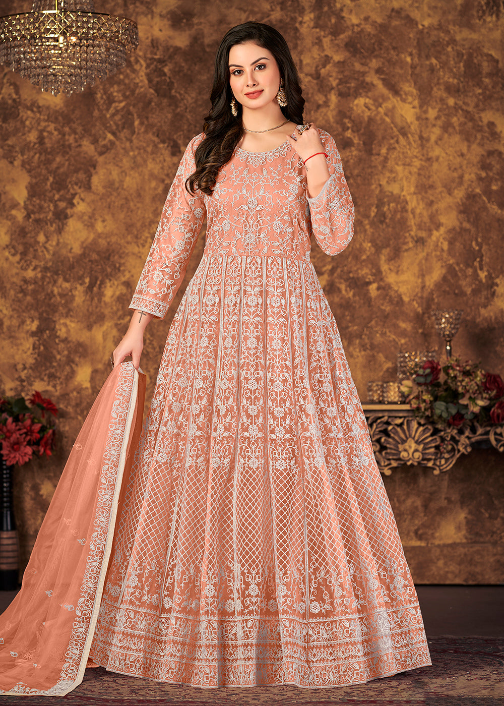 Buy Now Brilliant Peach Cording Embroidered Wedding Anarkali Dress Online in Canada at Empress Clothing. 