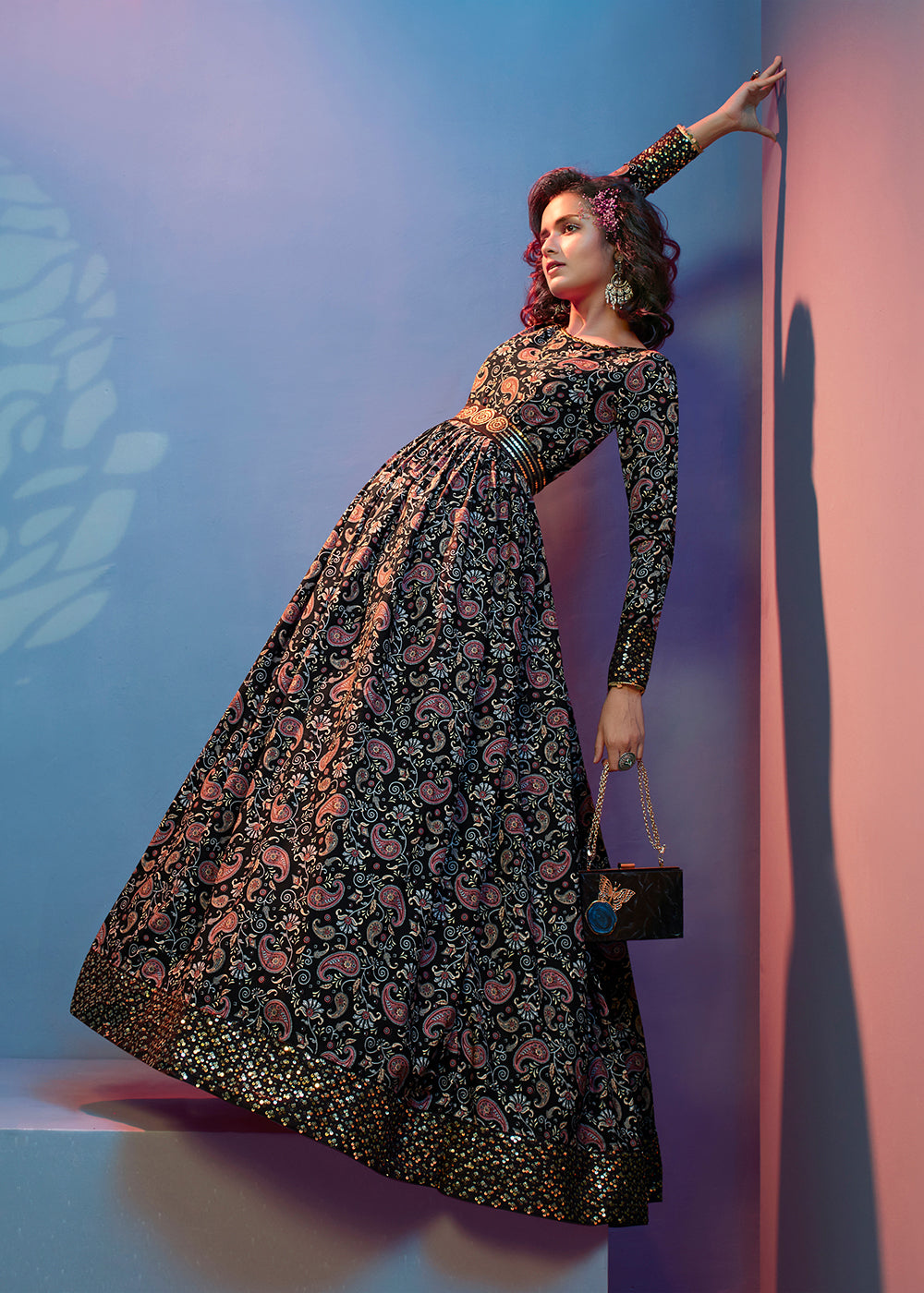 Buy Now Floral Printed Exquisite Black Crepe Wedding Festive Party Gown Online in USA, UK, Australia, New Zealand, Canada & Worldwide at Empress Clothing. 