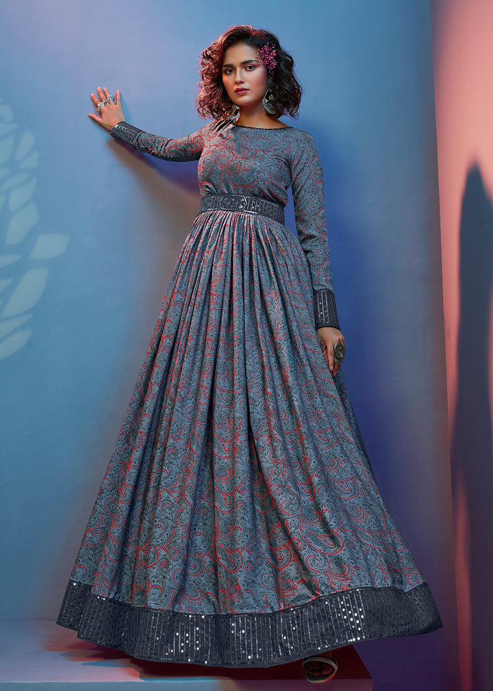 Buy Now Floral Printed Splendid Grey Crepe Wedding Festive Party Gown Online in USA, UK, Australia, New Zealand, Canada & Worldwide at Empress Clothing.