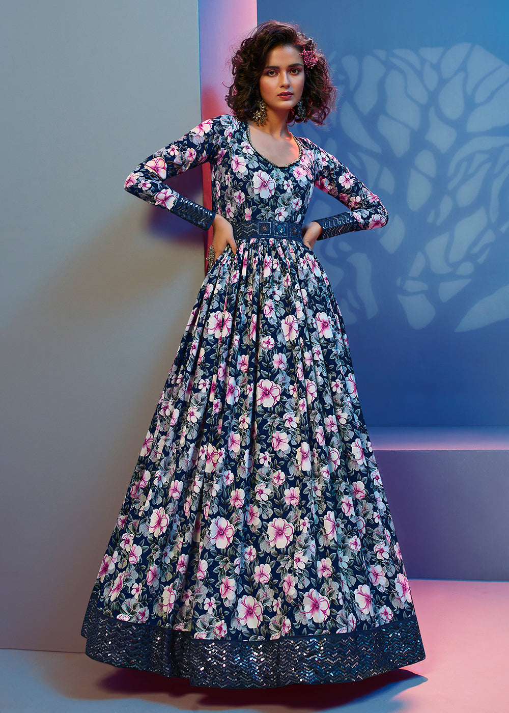 Buy Now Floral Printed Glorious Blue Crepe Wedding Festive Party Gown Online in USA, UK, Australia, New Zealand, Canada & Worldwide at Empress Clothing. 
