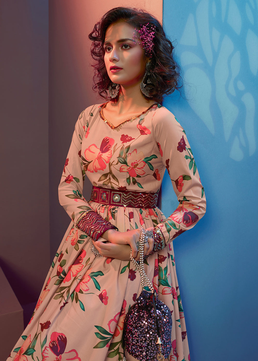 Buy Now Floral Printed Marvelous Peach Crepe Wedding Festive Party Gown Online in USA, UK, Australia, New Zealand, Canada & Worldwide at Empress Clothing. 