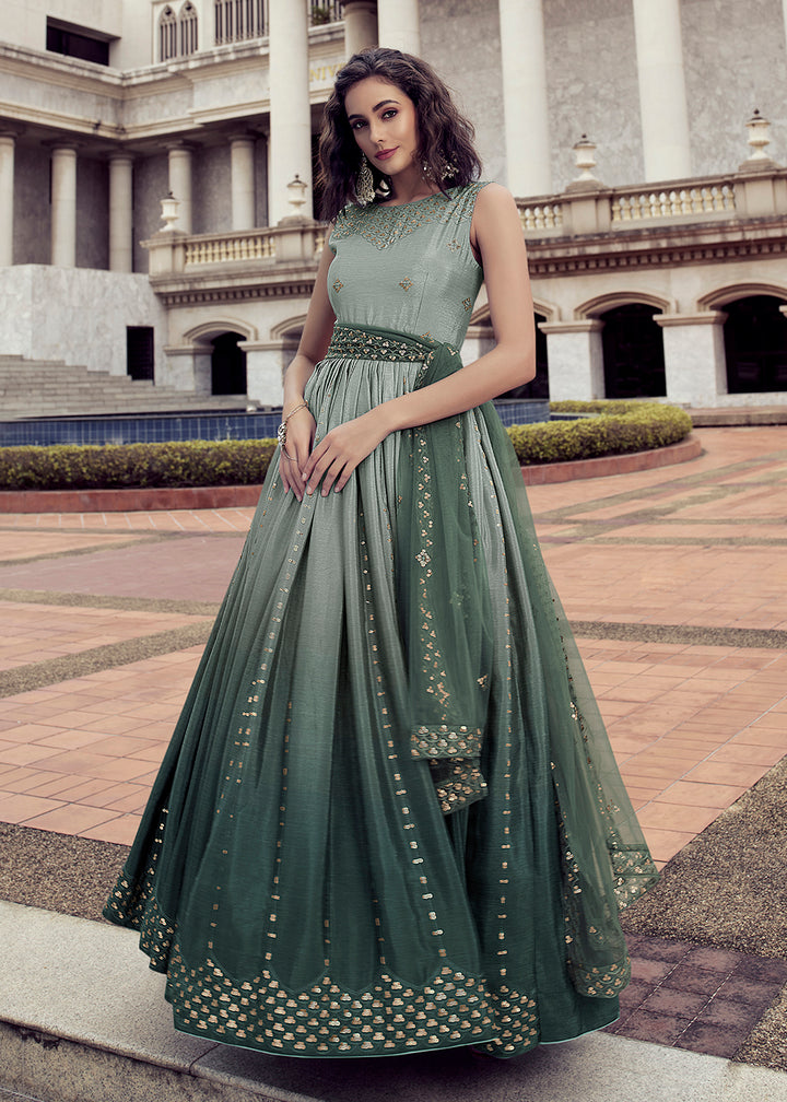 Buy Now Fabulous Ombre Green Chinon Reception Wear Gown Online in USA, UK, Australia, New Zealand, Canada & Worldwide at Empress Clothing.
