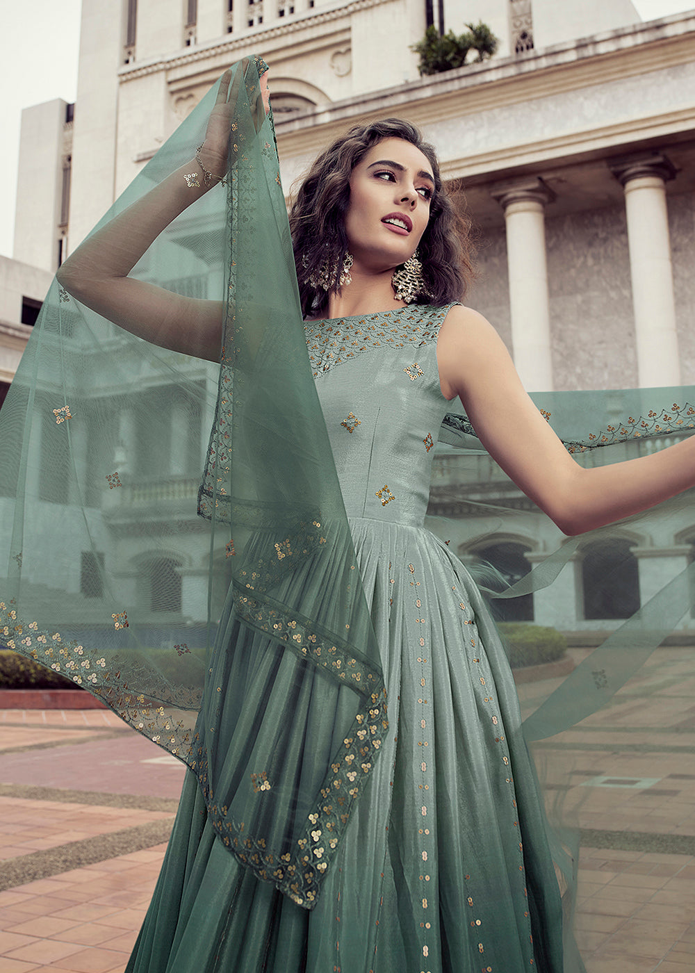 Buy Now Fabulous Ombre Green Chinon Reception Wear Gown Online in USA, UK, Australia, New Zealand, Canada & Worldwide at Empress Clothing.