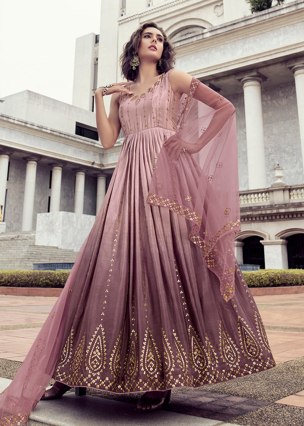 Buy Now Irresistible Dusty Pink Chinon Reception Wear Gown Online in USA, UK, Australia, New Zealand, Canada & Worldwide at Empress Clothing.