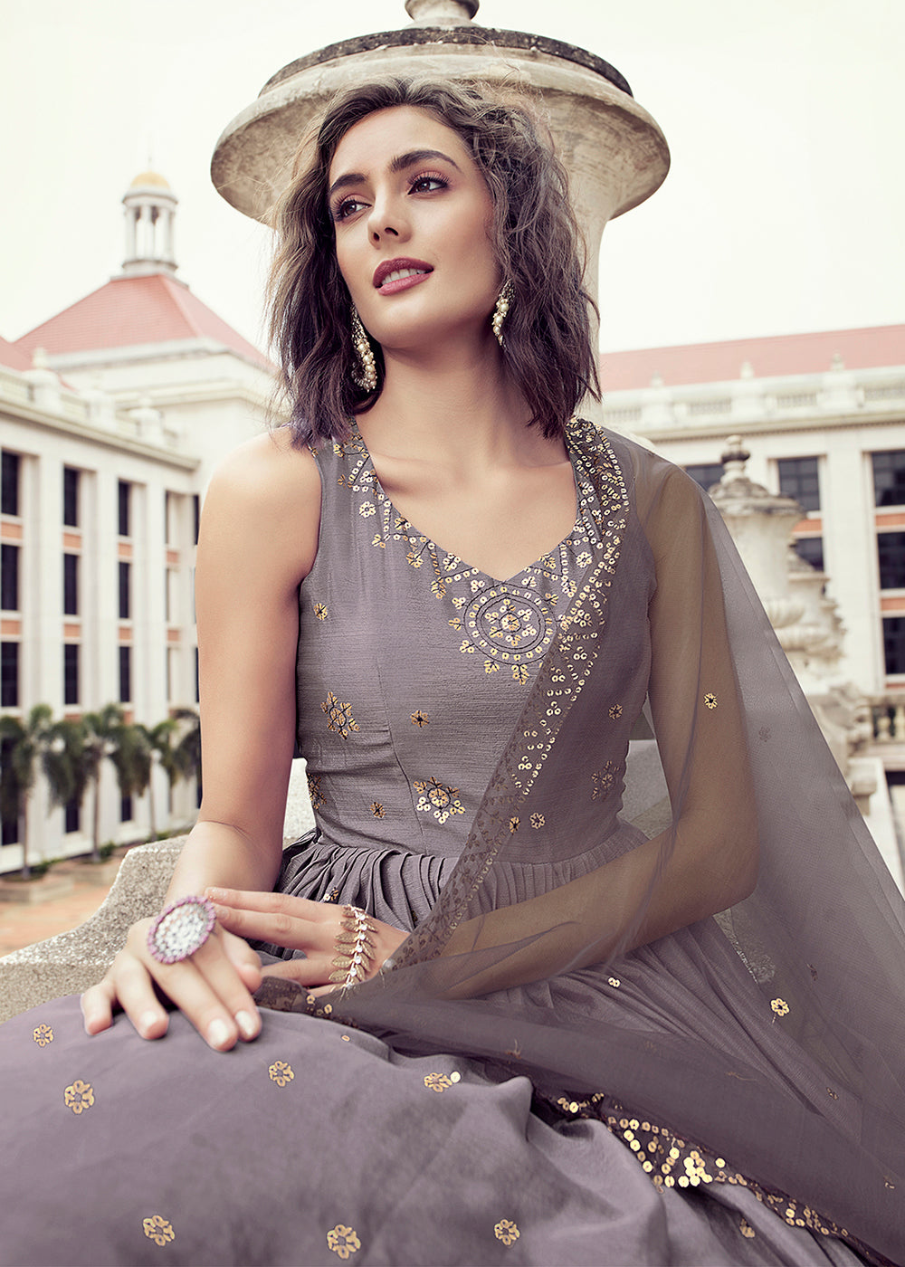 Buy Now Desirable Dusty Purple Chinon Reception Wear Gown Online in USA, UK, Australia, New Zealand, Canada & Worldwide at Empress Clothing.