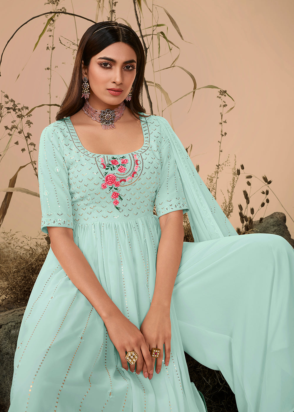 Buy Now Sassy Festive Sky Blue Georgette Palazzo Salwar Suit Online in USA, UK, Canada, Germany, Australia & Worldwide at Empress Clothing.