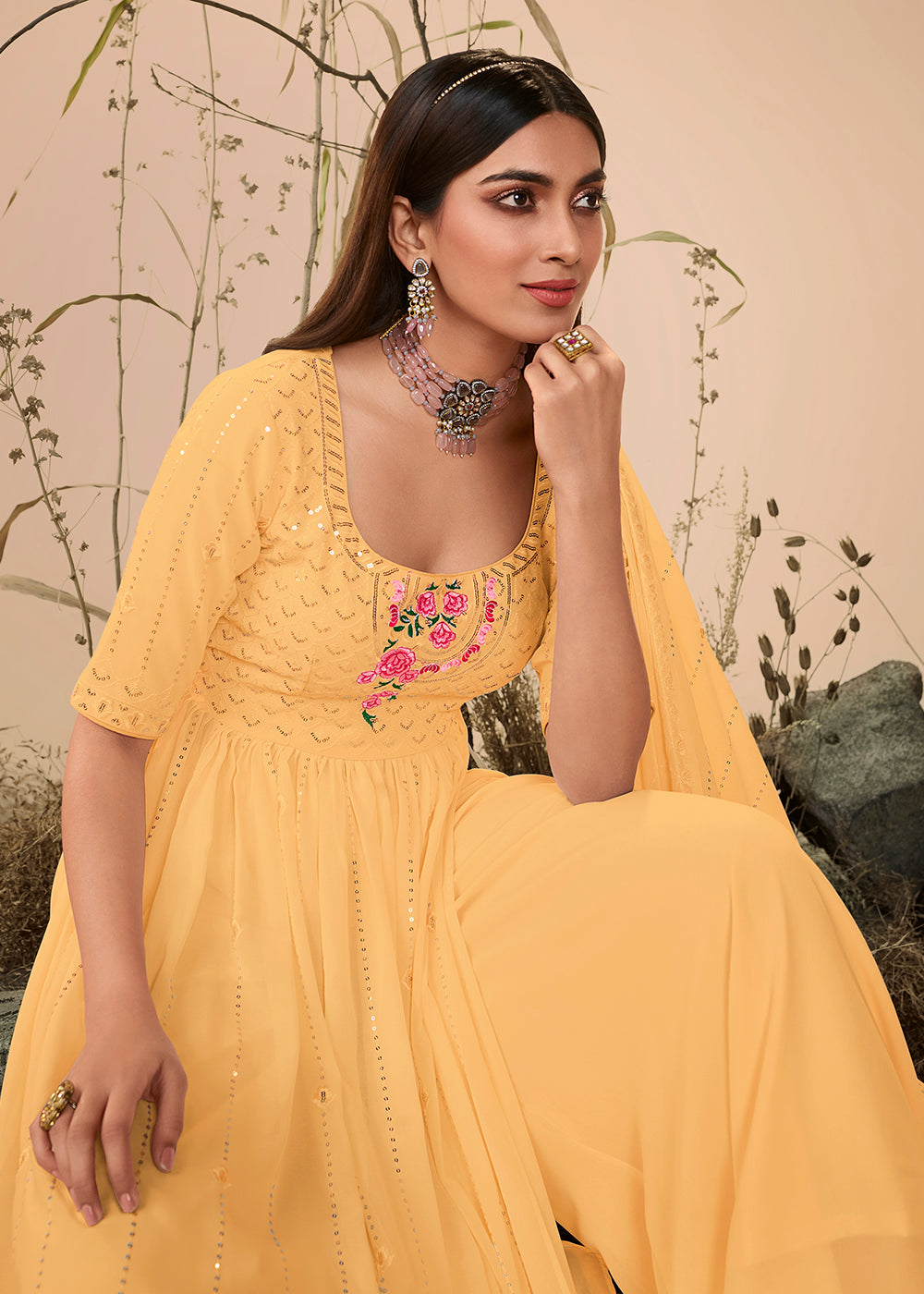 Buy Now Splendid Festive Yellow Georgette Palazzo Salwar Suit Online in USA, UK, Canada, Germany, Australia & Worldwide at Empress Clothing.