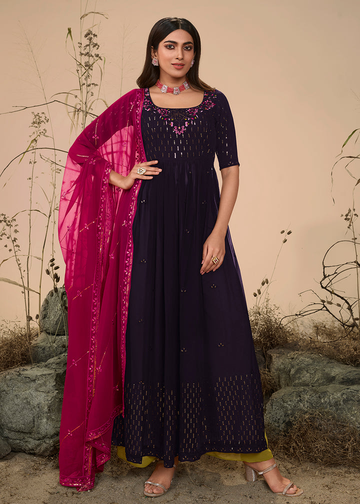 Buy Now Plushy Festive Purple Georgette Palazzo Salwar Suit Online in USA, UK, Canada, Germany, Australia & Worldwide at Empress Clothing.