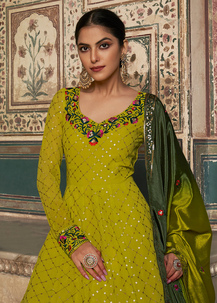 Buy Now Cherishing Lime Green Sequins Georgette Party Wear Festive Gown Online in USA, UK, Australia, New Zealand, Canada & Worldwide at Empress Clothing. 