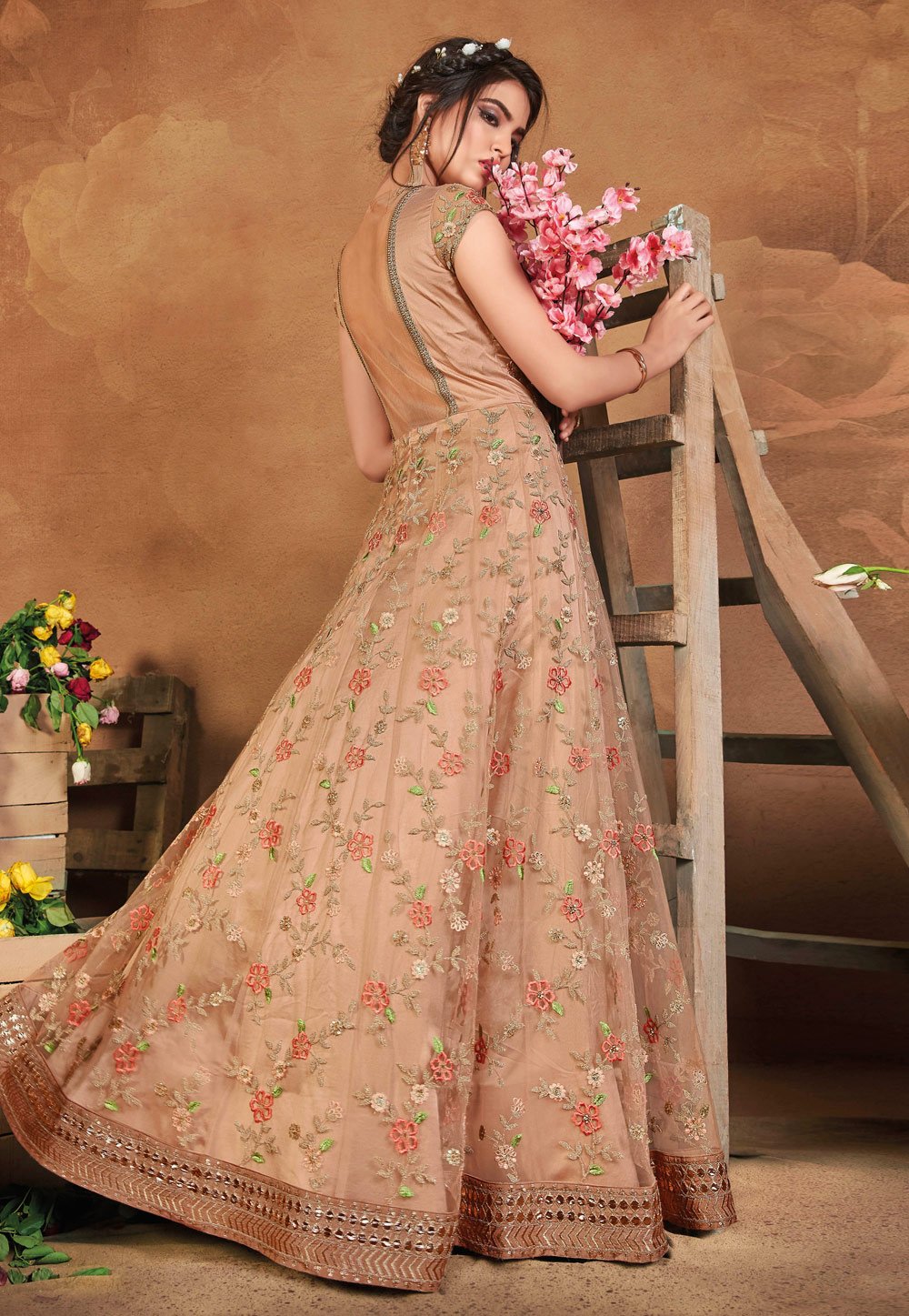 Flawless Beige Net Embroidered Floor Length Anarkali Suit