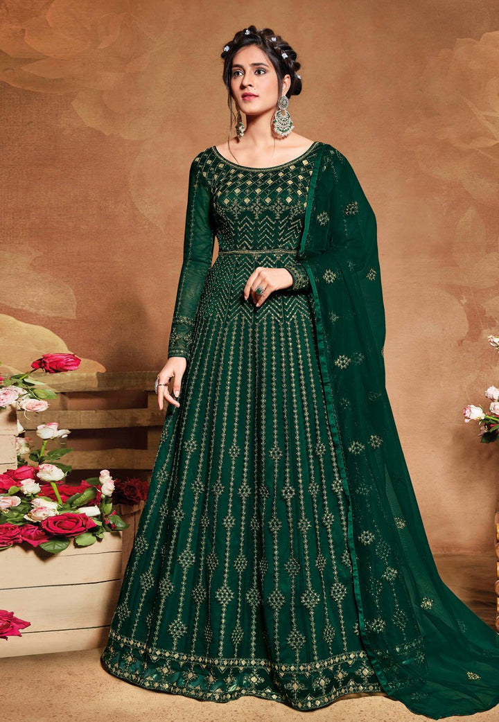 Royal Green Anarkali - Buy Embroidered Net Floor Length Anarkali