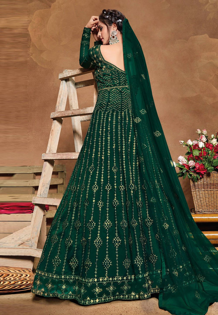 Royal Green Net Embroidered Floor Length Anarkali Suit