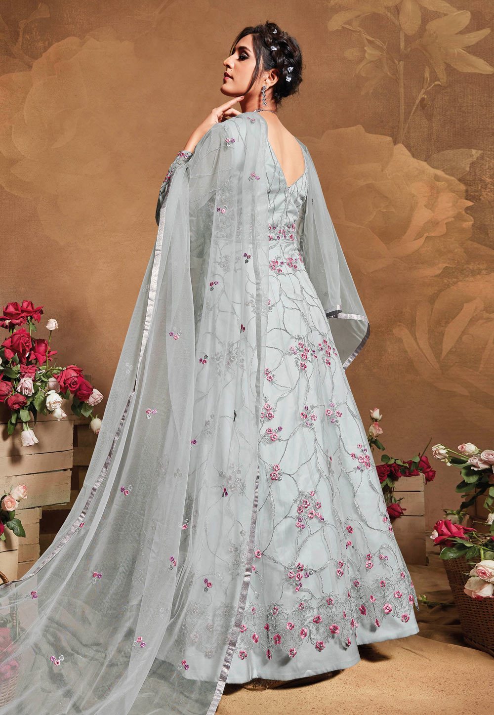 Splendid Grey Net Embroidered Floor Length Anarkali Suit