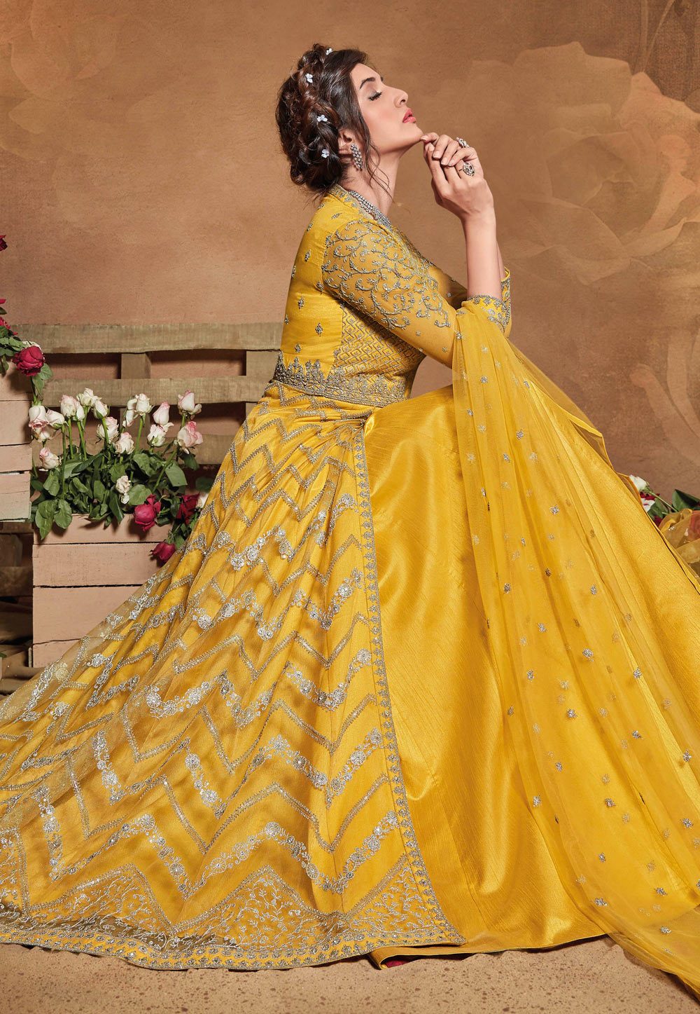 Adorable Yellow Net Embroidered Floor Length Anarkali Suit