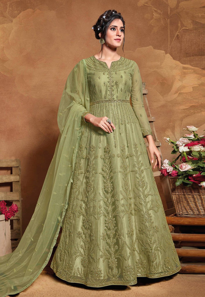 Beautiful Green Anarkali - Buy Embroidered Net Floor Length Anarkali