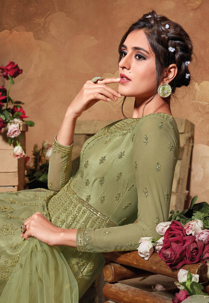 Beautiful Green Net Embroidered Floor Length Anarkali Suit