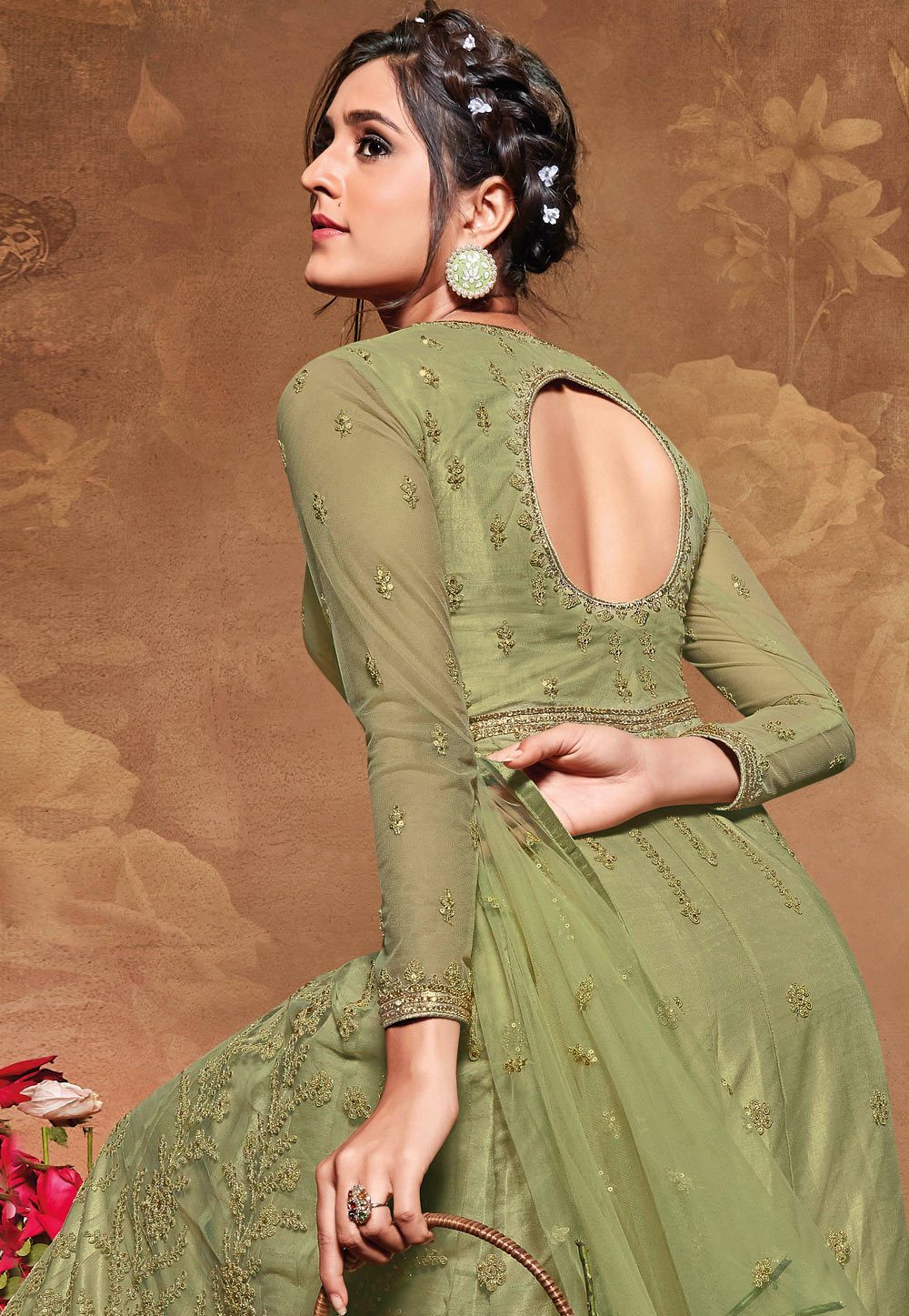 Beautiful Green Net Embroidered Floor Length Anarkali Suit