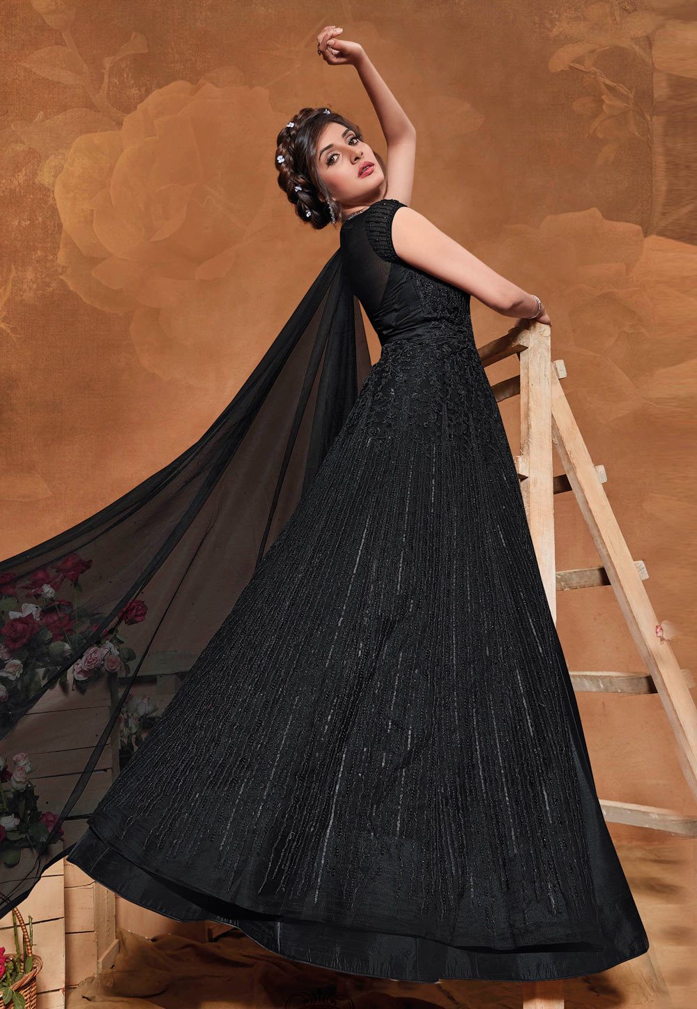 Outstanding Black Net Embroidered Floor Length Anarkali Suit