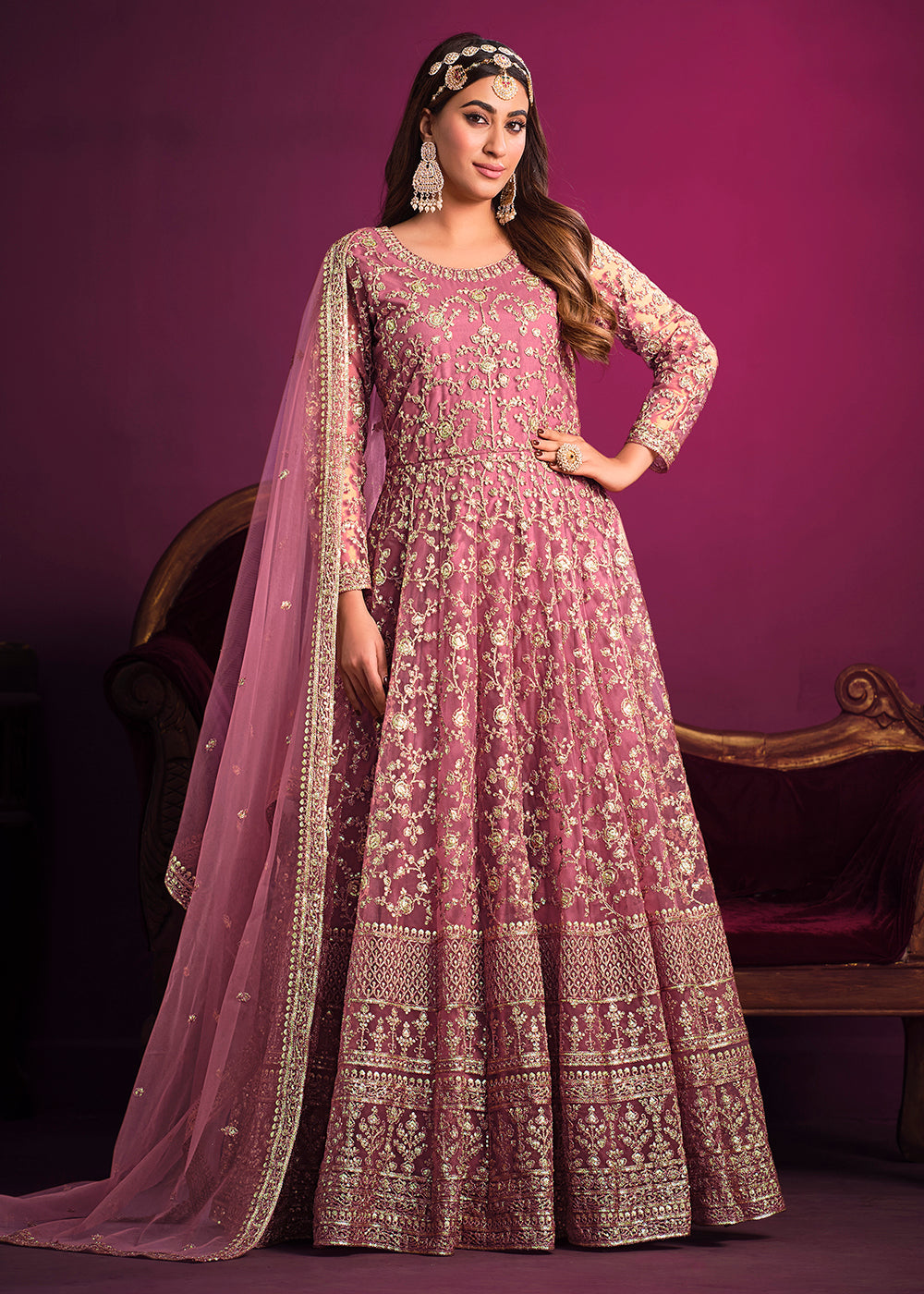 Buy Now Net Tempting Pink Floor Length Ceremonial Anarkali Suit Online in USA, UK, Australia, New Zealand, Canada, Italy & Worldwide at Empress Clothing. 