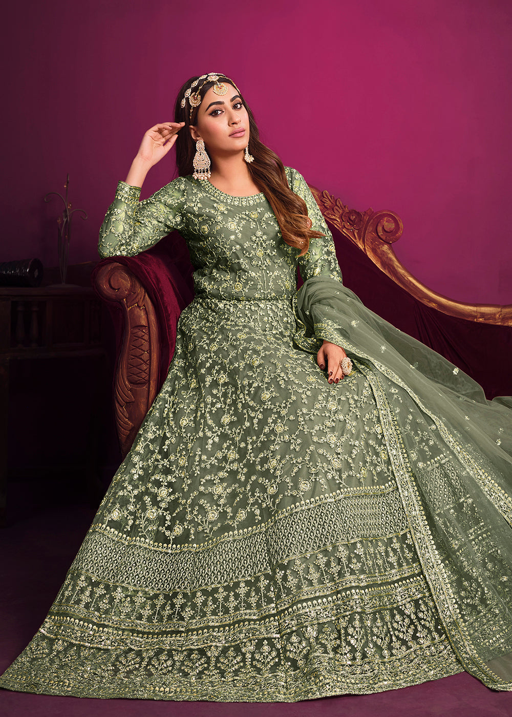 Buy Now Net Engaging Green Floor Length Ceremonial Anarkali Suit Online in USA, UK, Australia, New Zealand, Canada, Italy & Worldwide at Empress Clothing. 