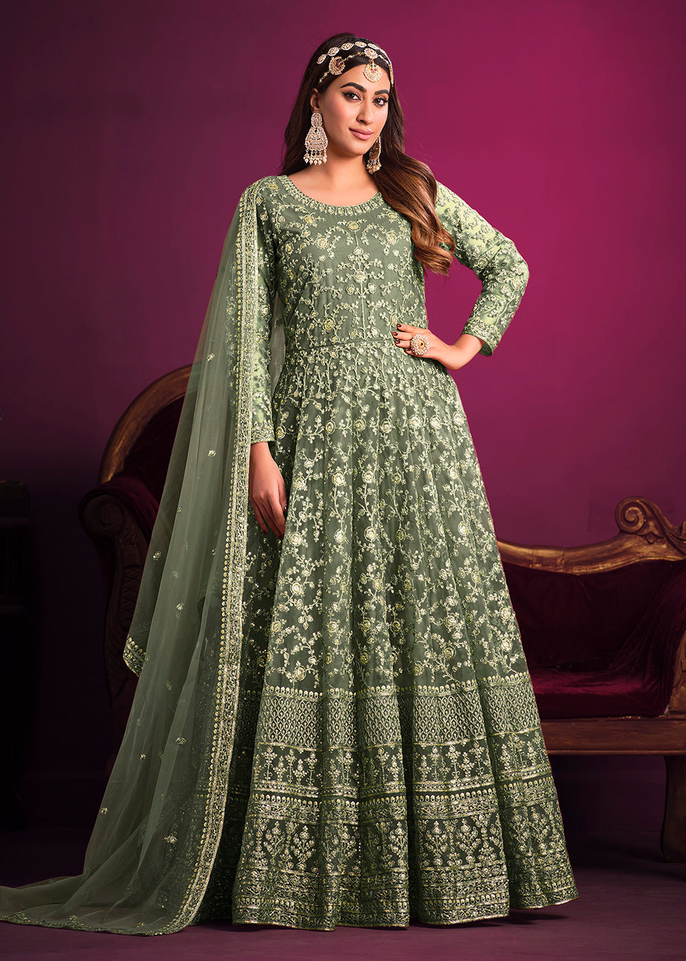 Buy Now Net Engaging Green Floor Length Ceremonial Anarkali Suit Online in USA, UK, Australia, New Zealand, Canada, Italy & Worldwide at Empress Clothing. 