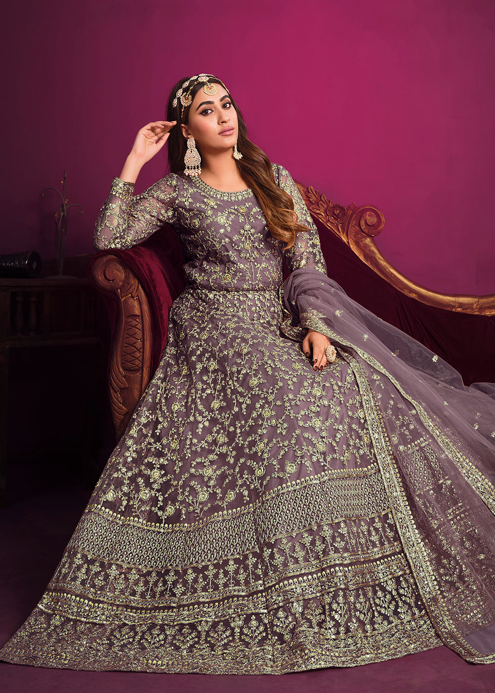 Buy Now Net Classy Lavender Floor Length Ceremonial Anarkali Suit Online in USA, UK, Australia, New Zealand, Canada, Italy & Worldwide at Empress Clothing. 