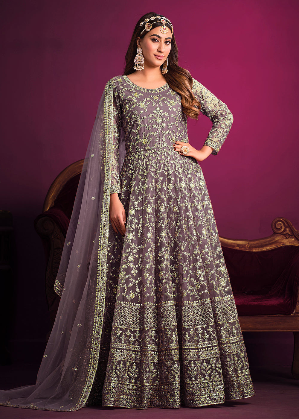 Buy Now Net Classy Lavender Floor Length Ceremonial Anarkali Suit Online in USA, UK, Australia, New Zealand, Canada, Italy & Worldwide at Empress Clothing. 