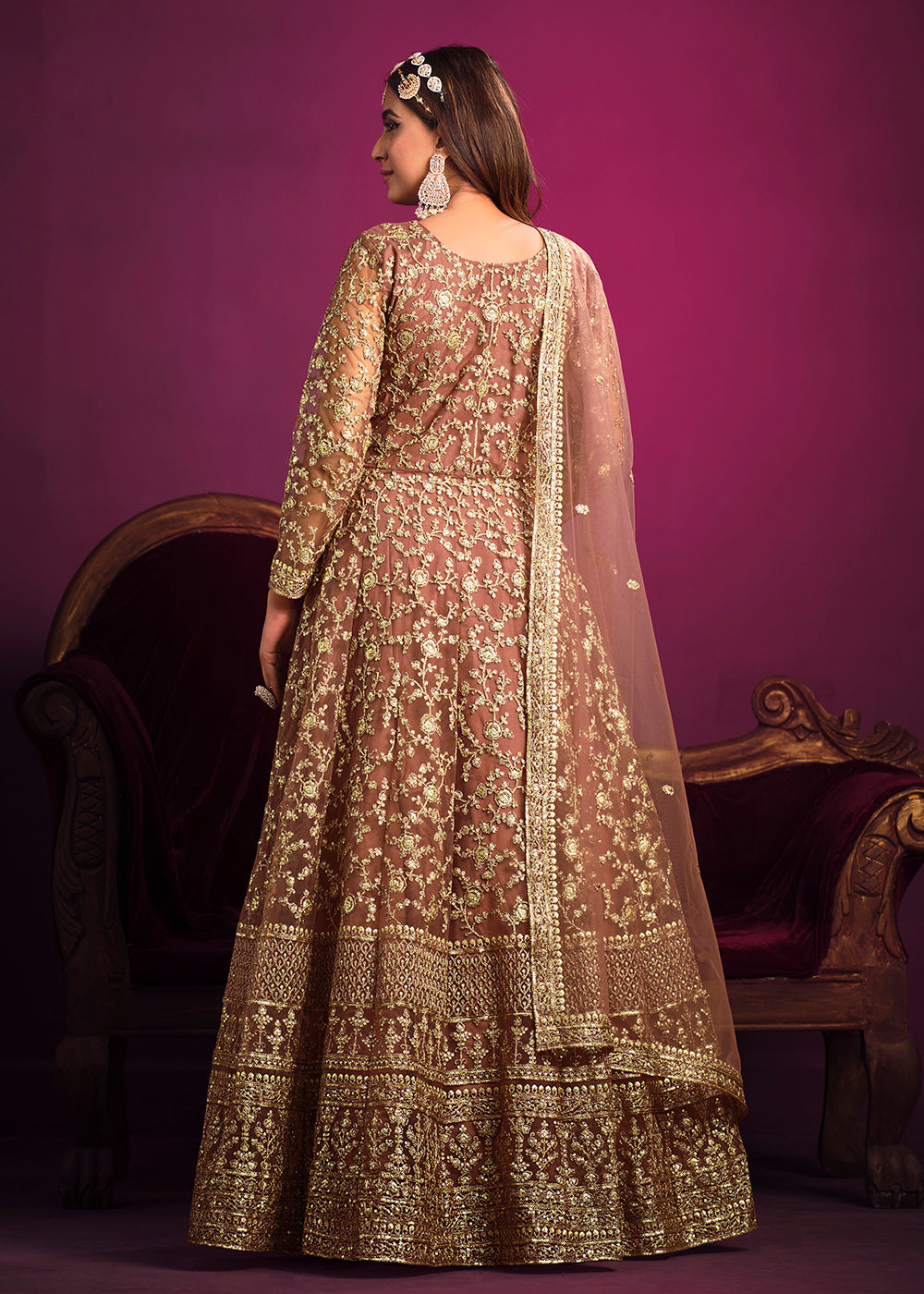 Buy Now Net Brownish Peach Floor Length Ceremonial Anarkali Suit Online in USA, UK, Australia, New Zealand, Canada, Italy & Worldwide at Empress Clothing. 