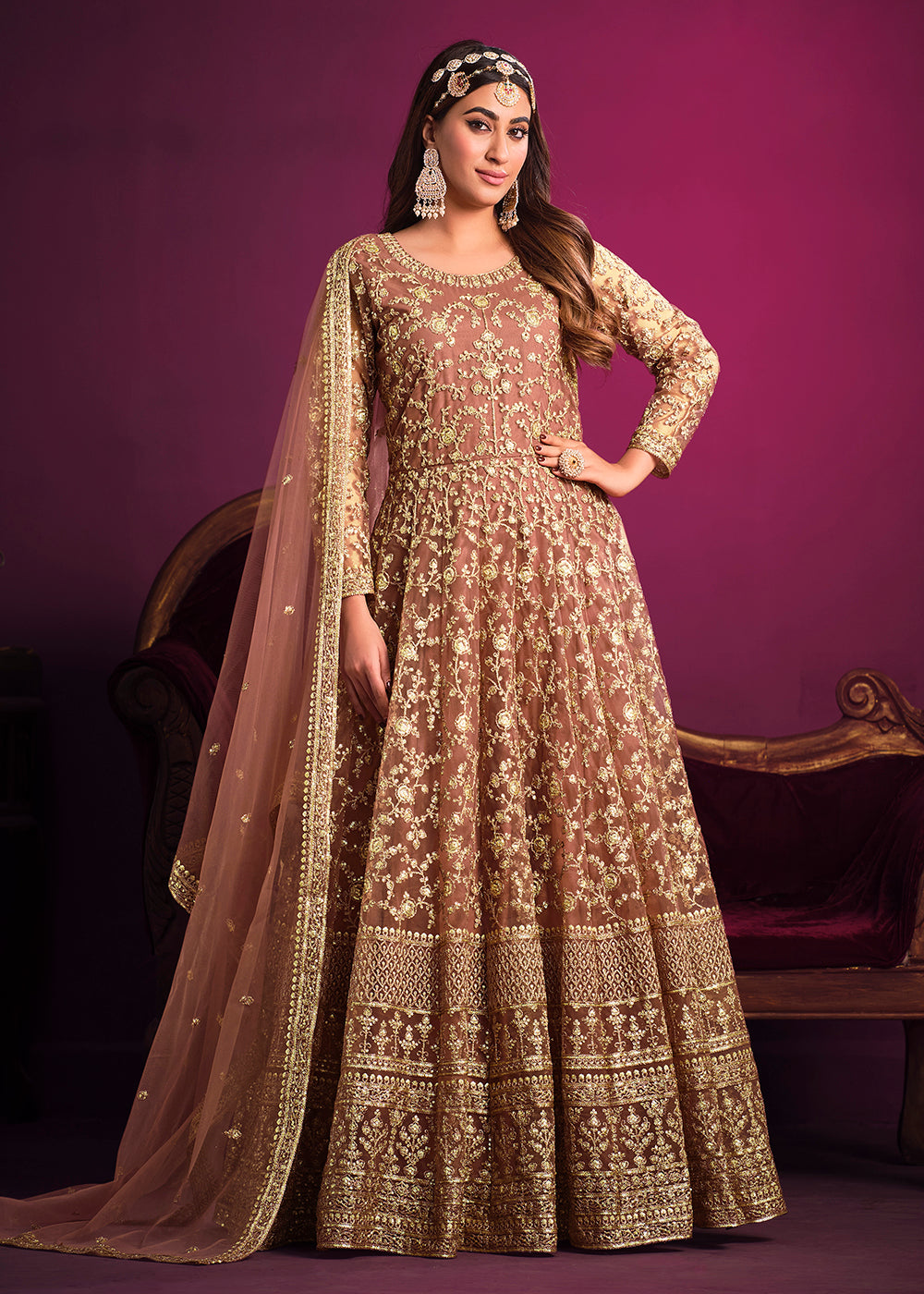 Buy Now Net Brownish Peach Floor Length Ceremonial Anarkali Suit Online in USA, UK, Australia, New Zealand, Canada, Italy & Worldwide at Empress Clothing. 