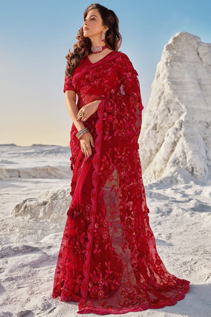 Buy Premium Red Floral Saree - Embroidered Net Saree