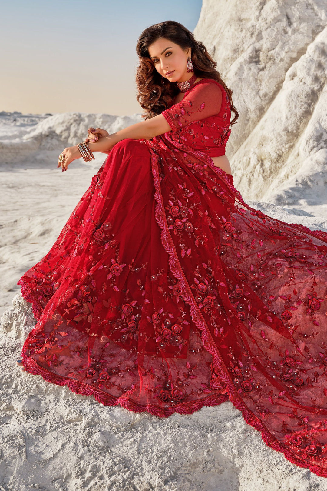 red saree dress Red Bridal Saree with Veil Handcrafted Luxury Bridal -