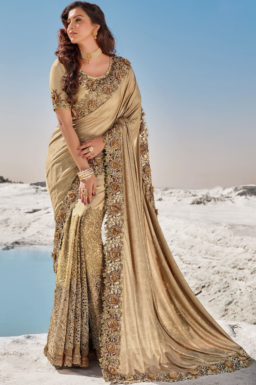 Buy Golden Beige Floral Saree - Embroidered Net Saree