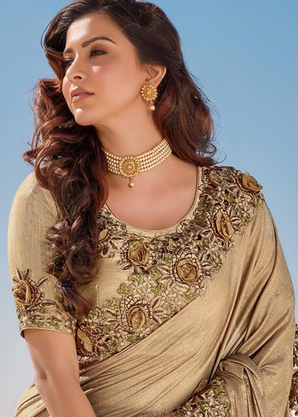 Buy Golden Beige Floral Saree - Embroidered Net Saree