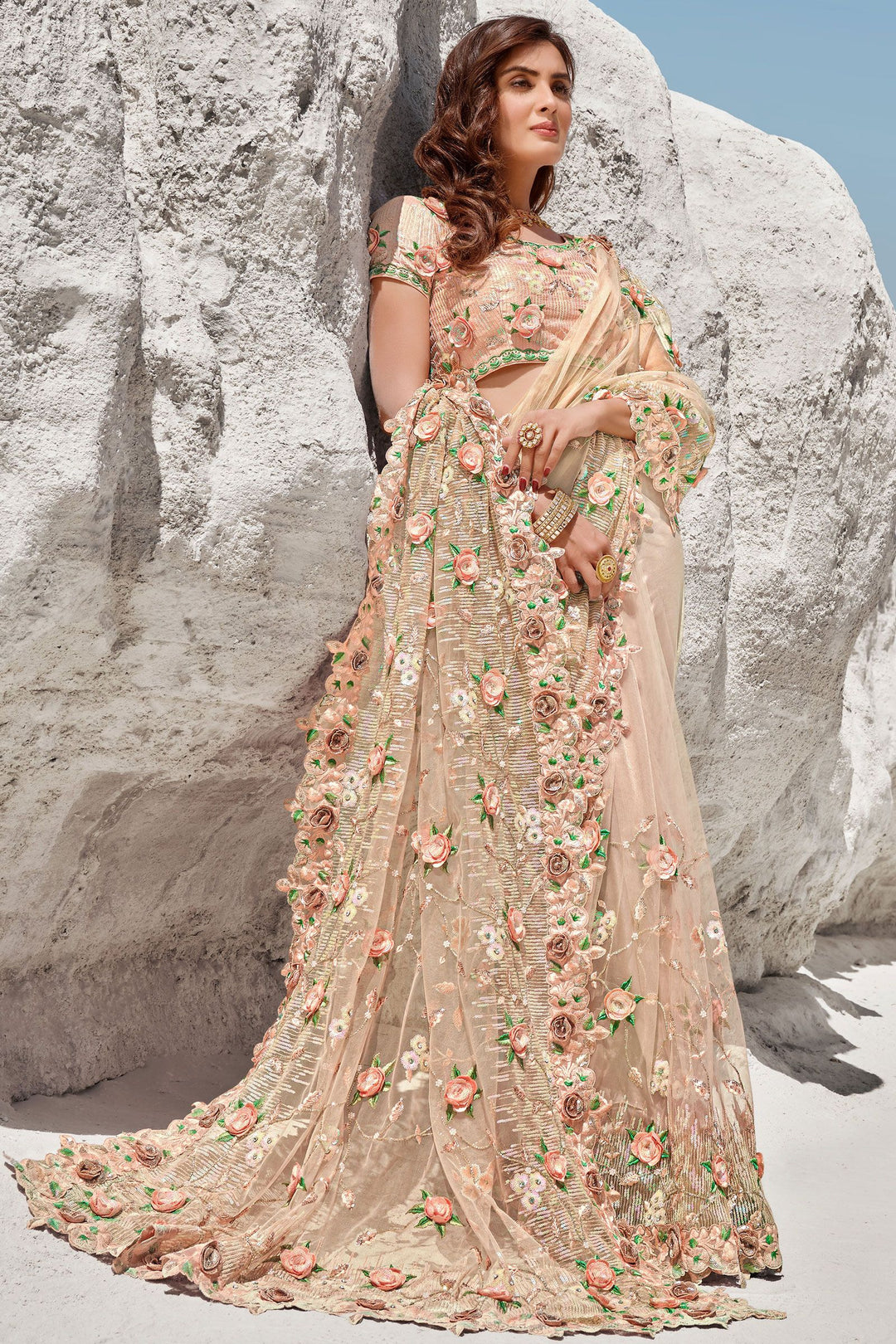Buy Light Peach Floral Saree - Embroidered Net Saree