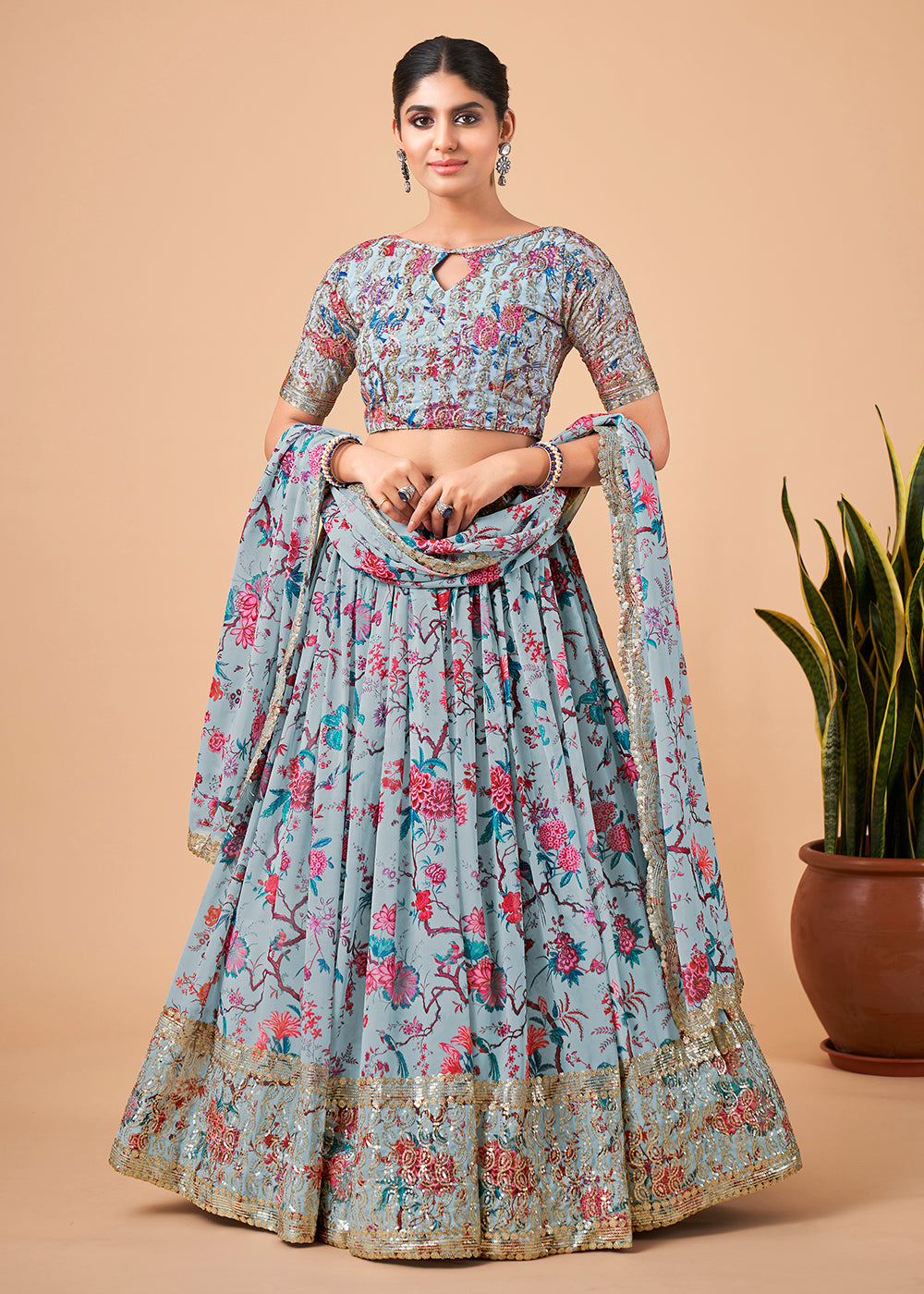 Buy Now Aristocratic Sky Blue Floral Printed Georgette Lehenga Choli Online in USA, UK, Canada & Worldwide at Empress Clothing.