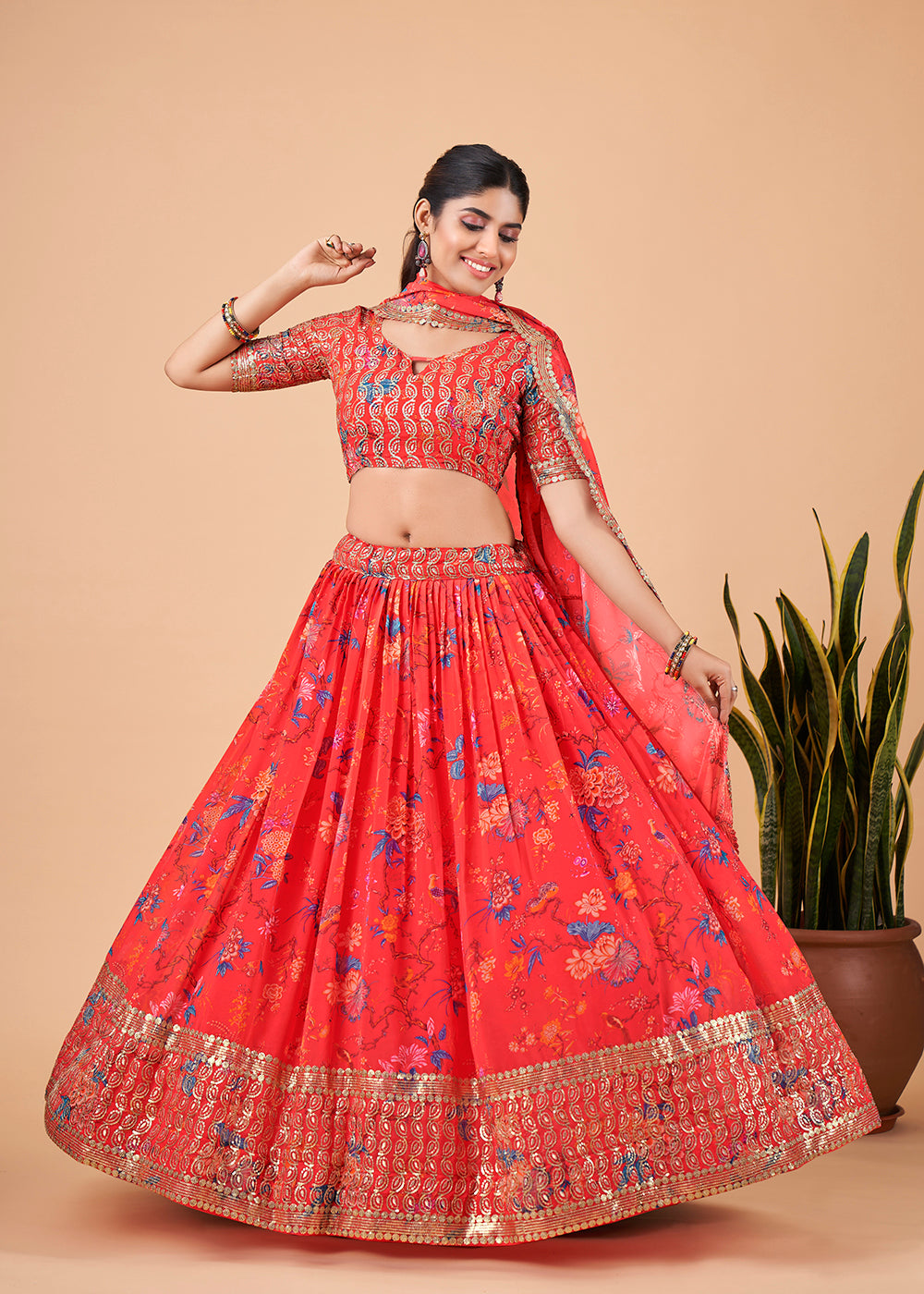 Buy Now Captivating Bright Red Floral Printed Georgette Lehenga Choli Online in USA, UK, Canada & Worldwide at Empress Clothing. 
