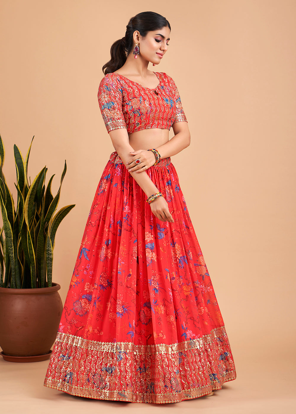 Buy Now Captivating Bright Red Floral Printed Georgette Lehenga Choli Online in USA, UK, Canada & Worldwide at Empress Clothing. 
