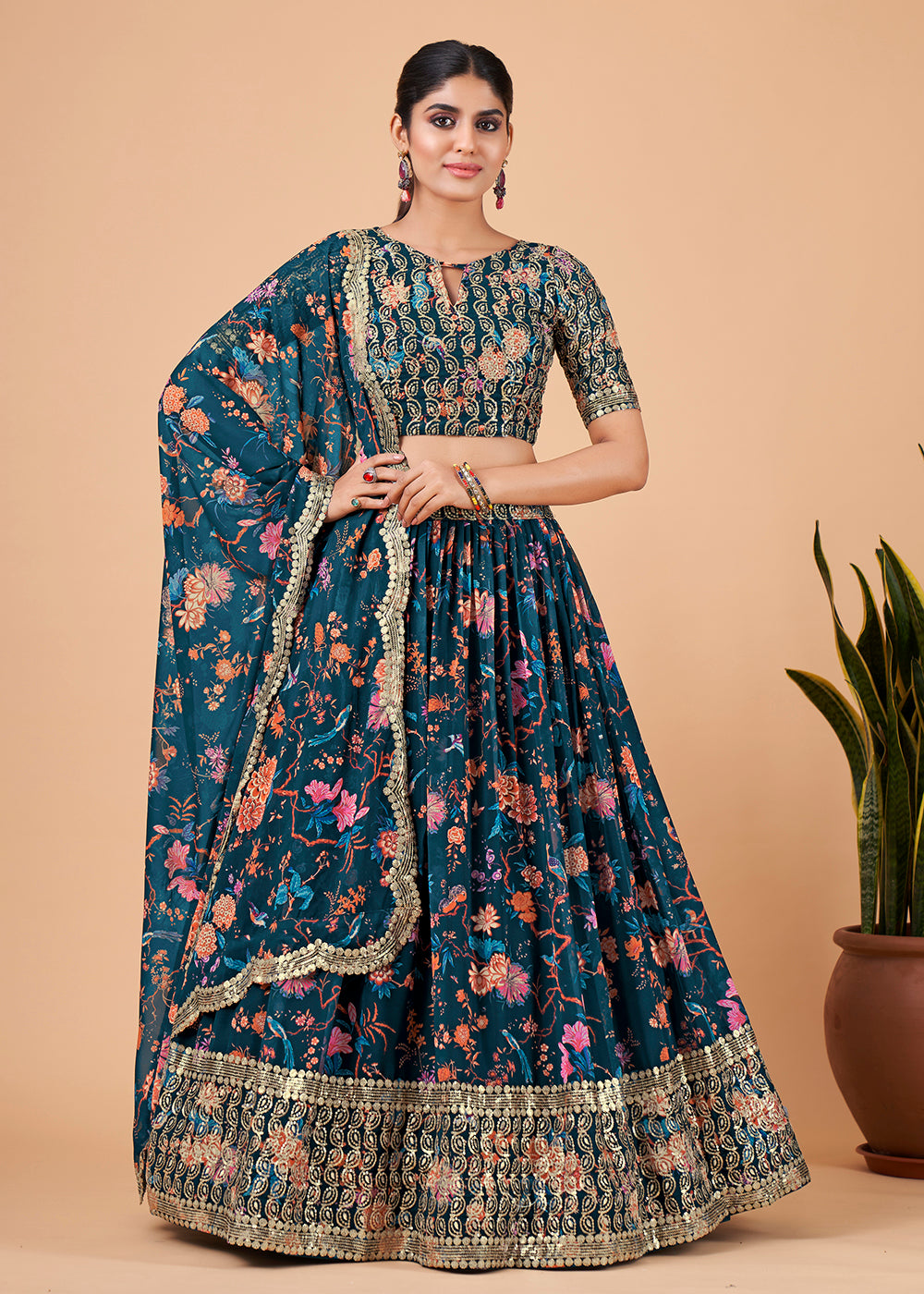 Buy Now Awesome Teal Blue Floral Printed Georgette Lehenga Choli Online in USA, UK, Canada & Worldwide at Empress Clothing